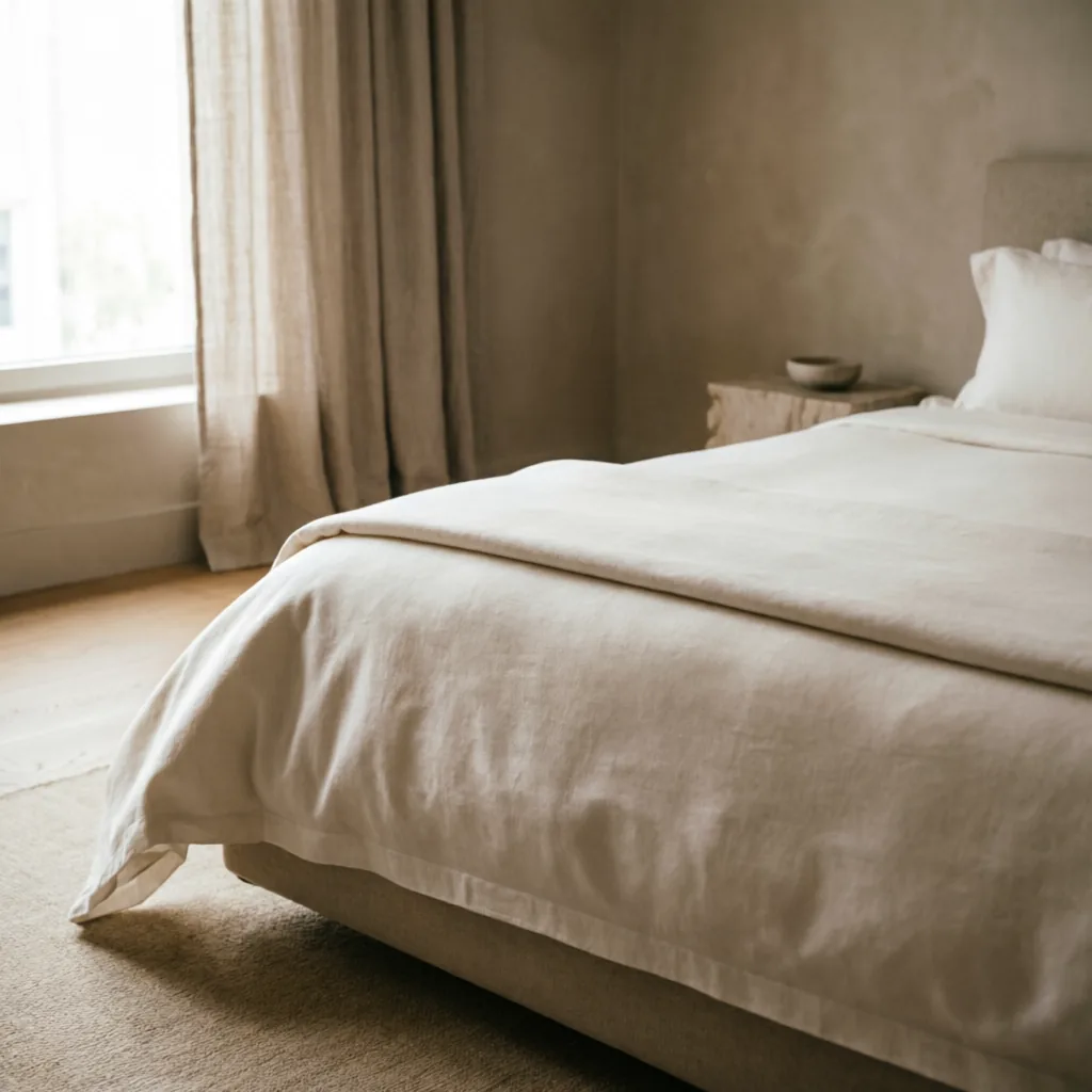 Cama arrumada com lençol fios egípcios marfim em quarto minimalista de tons areia