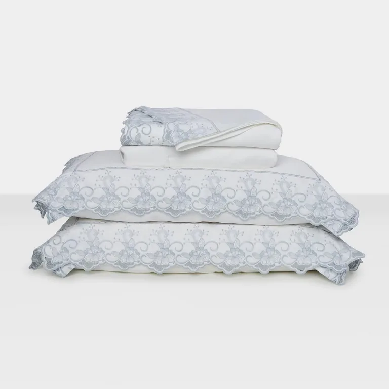 Artelassê jogo de lençol Queen 300 fios Azzurra branco/azul algodão egípcio bordado